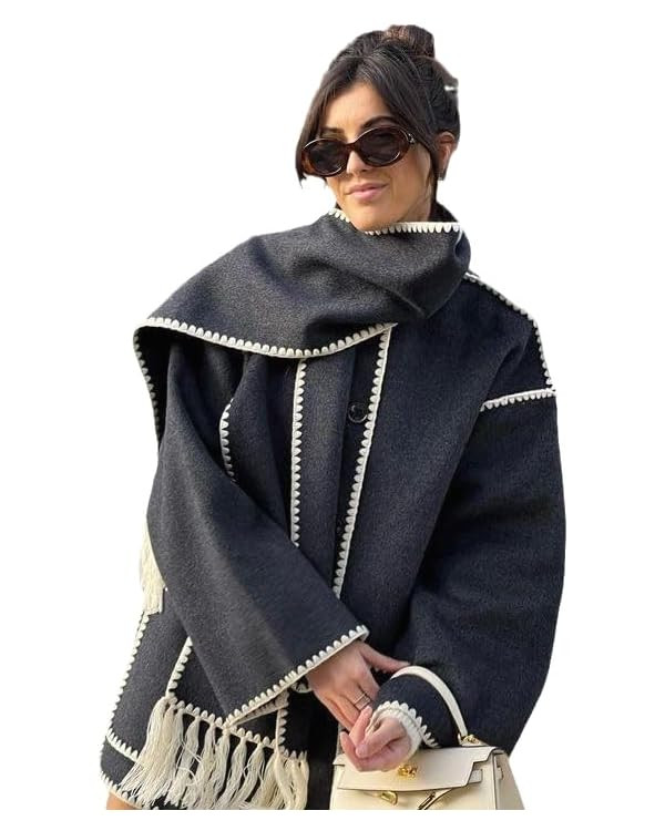 Autumn and Winter Women's Wide Sleeved Cardigan Jacket, Scarf Decoration Button Cardigan, Woolen ... | Amazon (US)