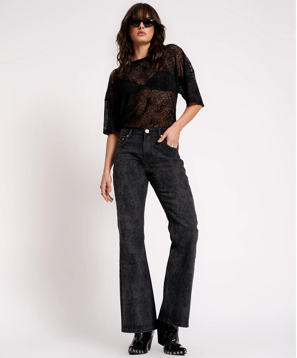 Charlie High Waist Slim Flared Denim Jeans - Black Lace | One Teaspoon | OneTeaspoon