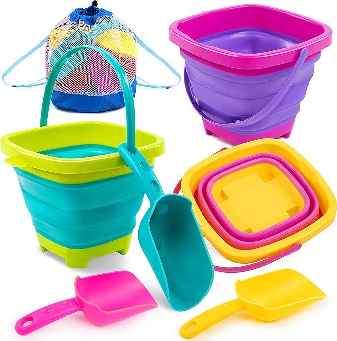 Sloosh 3 Packs Foldable Bucket - Collapsible Bucket with Sand Shovels and Mesh Backpack for Kids ... | Amazon (US)