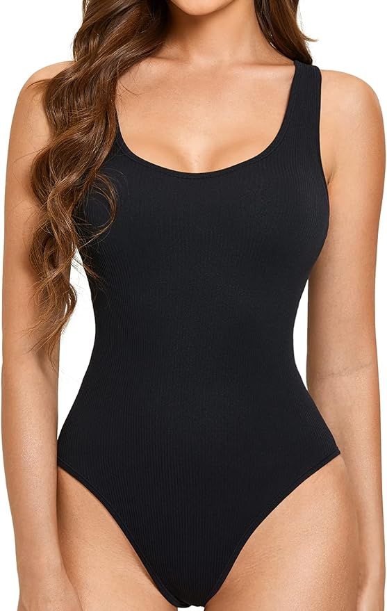 INLYRIC Women's Scoop Neck Bodysuit Sleeveless Ribbed Shapewear Tank Top Jumpsuit Black Medium | Amazon (US)