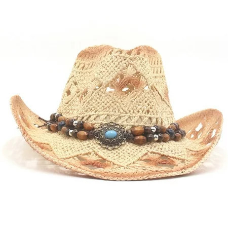 Sunisery Straw Cowboy Hat for Women Men Roll Up Brim Cowboy Hat with Beaded Band for Rodeo Festival Party Horseback Riding | Walmart (US)