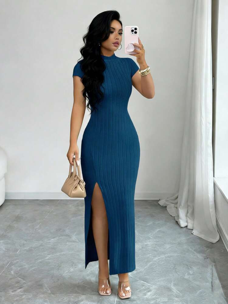 Elenzga Stand Collar Hooded Ribbed Waist Slit Elegant Casual Commuter Women Long Dress | SHEIN