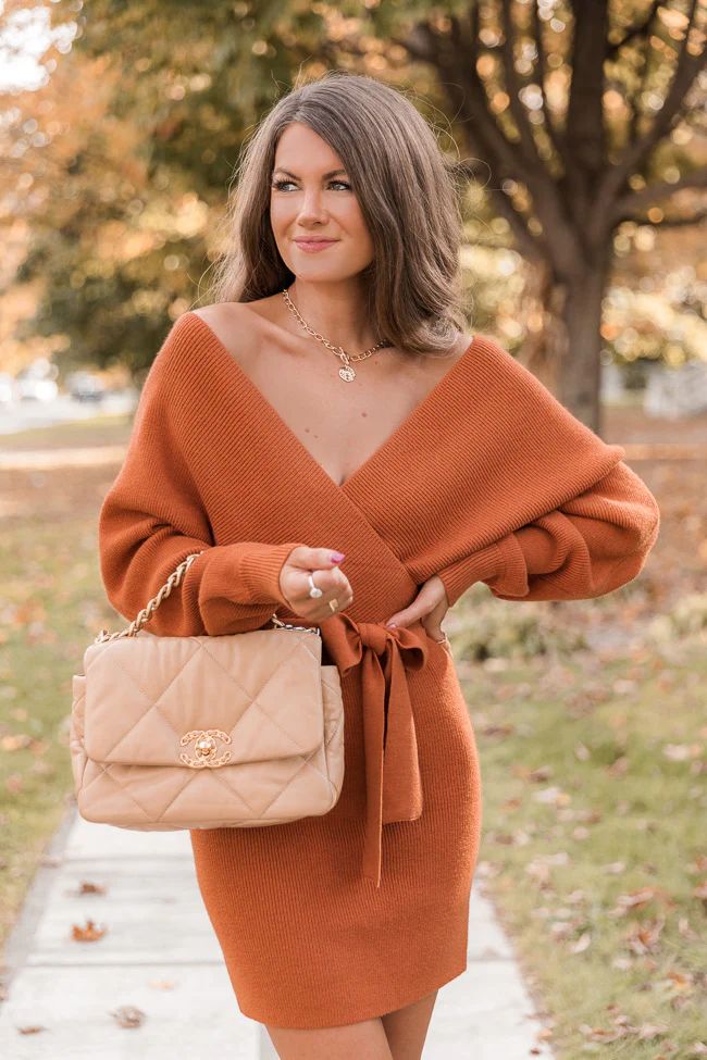 CAITLIN COVINGTON X PINK LILY  The Chelsea Wrap Burnt Orange Sweater Dress | The Pink Lily Boutique