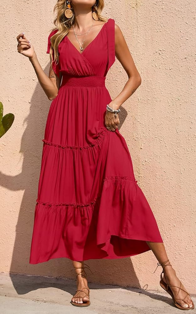 PRETTYGARDEN Women's Cross Neck Summer Sleeveless Tiered Maxi Dress Beach Tie Strap Smocked Long ... | Amazon (US)