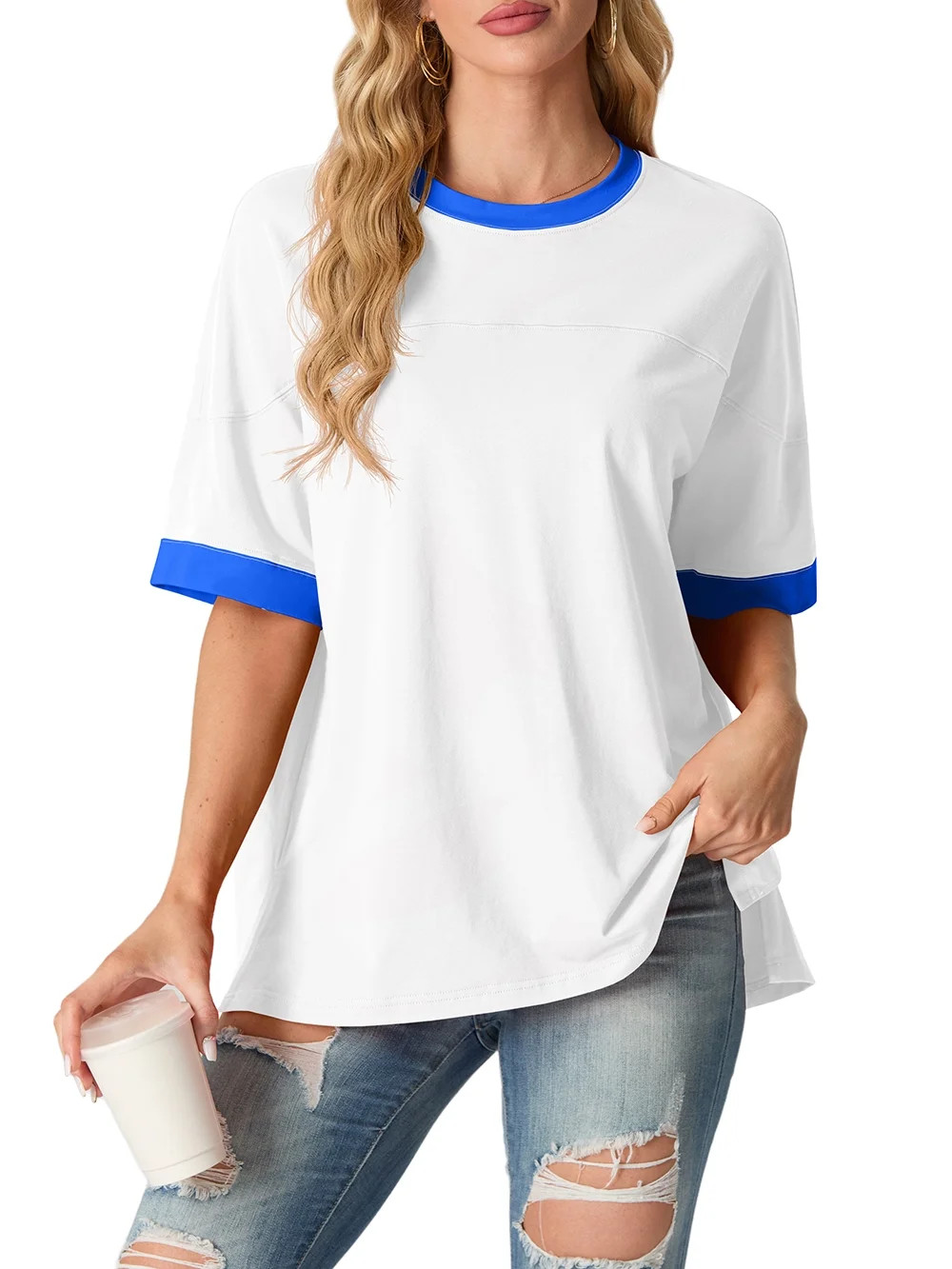 JWD Women's Top Short Sleeved T-Shirt Round Neck Casual Blouses Patchwork Split Hem Tee Top White... | Walmart (US)