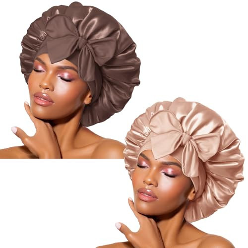BONNET QUEEN 2Pcs Pack Silk Bonnet for Sleeping Satin Bonnet Hair Bonnet with Tie Band Sleep Bonnet Men Bonnet for Women Curly Hair Brown Champagne | Amazon (US)