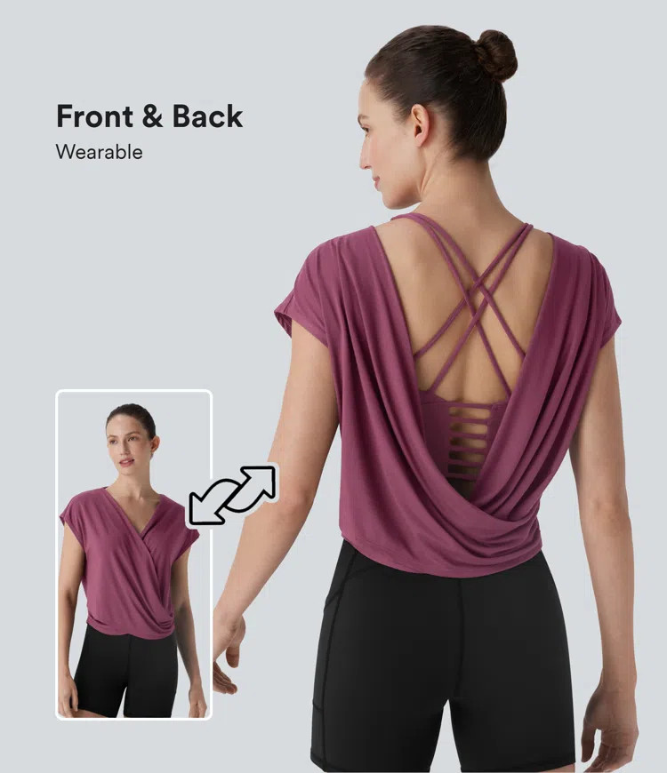 Women’s Backless Batwing Sleeve Yoga Sports Top-Front and Back Wearable - Halara | HALARA