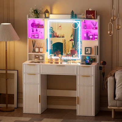 Vanity Desk With Mirror And Lights, Fluted Makeup Vanity Desk With Lights 3 Colors, Glass Top Vanity | Wayfair North America