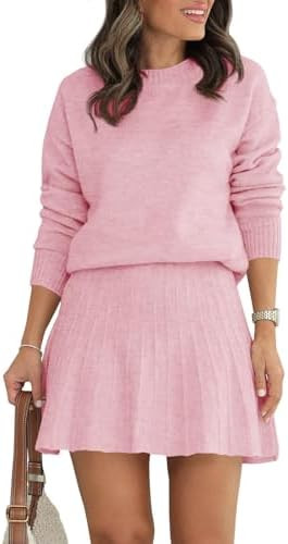 Tankaneo Womens Skirt 2 Piece Sweater Set Long Sleeve Crewneck Sweaters Pleated Mini Skirt Knit L... | Amazon (US)