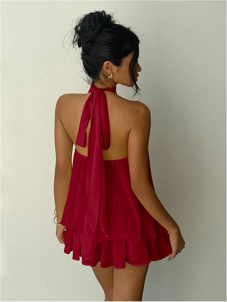 Verdusa Women's Chiffon Halter Drop Waist Wedding Guest Dresses Ruffle Summer Loose Fit Mini Dres... | Amazon (US)