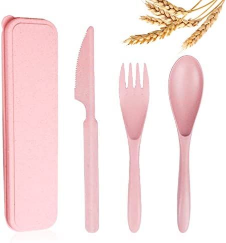 YDYTOP Reusable Travel Utensils Set with Case, Pink Wheat Straw Portable Knife Fork Spoons Tablew... | Amazon (US)