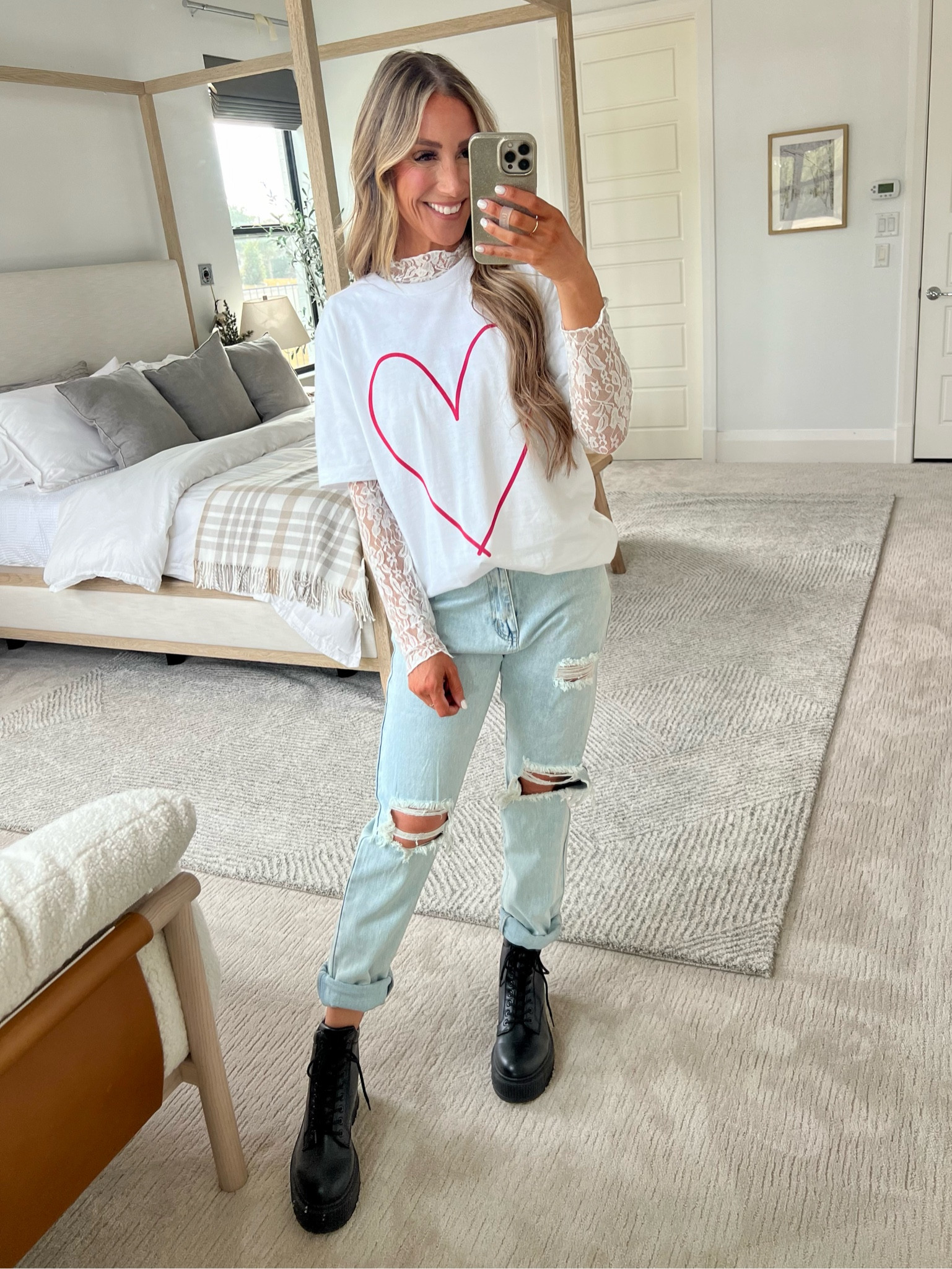 SARAHLIT valentines outfit, sized up to large for oversize fit in Tee lace layering top med 

#LTKSeasonal #LTKfindsunder50 #LTKshoecrush