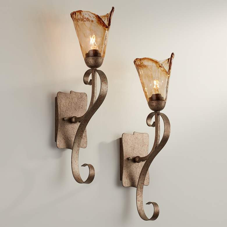 Franklin Iron Works Amber Scroll 23 1/2" Glass Bronze Wall Sconces Set | Lamps Plus