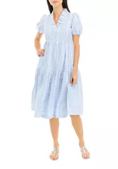 Women's Short Sleeve Ruffle Neck Yarn Dyed Midi Dress | Belk
