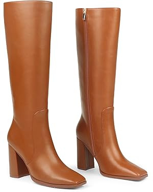 Zzheels Women's Knee High Boots Chunky Heels Square Toe Boots Go Go Boots with Side Zipper | Amazon (US)