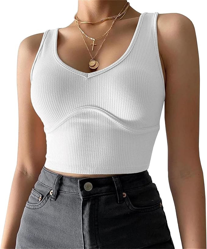 SINRGAN Women's Deep V Neck Basic Crop Tank Tops Sleeveless Ribbed Fitted Gym Sport Top | Amazon (US)