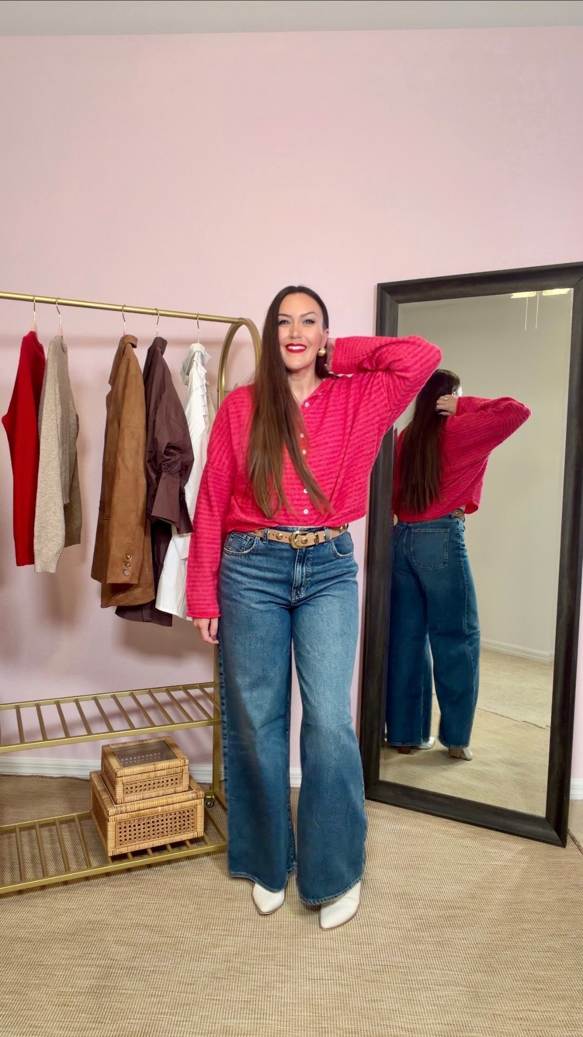 is it just me or does a good button down make you feel like you have your entire life together… even when you absolutely do not 😆💕
girl, this one is the definition of low-effort, high-impact. the fabric is soft, drapey, and gives you that effortless “didn’t try but still look put-together” vibe. it tucks beautifully without adding bulk (pear-shaped girlies, you know the struggle), and it works with literally everything from shorts to trousers to denim.
and these wide legs? they balance out hips so well and give you that long-leg silhouette without fighting your curves. remember… you buy clothes to fit your body, not the other way around 🤌🫶✨

I’m 5’6” wearing size small (TTS) in the top, size 29 (size up one) in the jeans, size 8 (TTS) in the boots.

#LTKstorytime #LTKdayinmylife #LTKootd