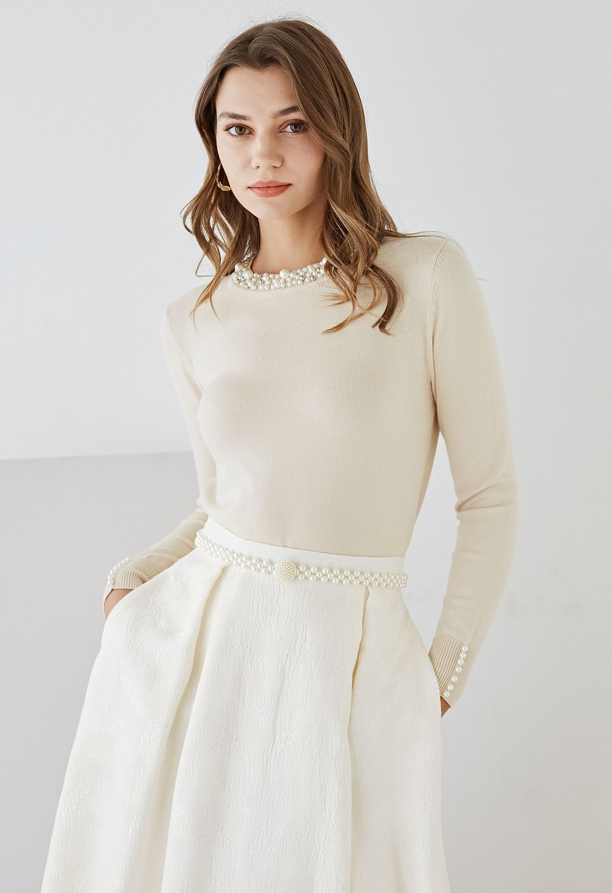 Pearl Trimmed Soft Knit Top in Cream | Chicwish