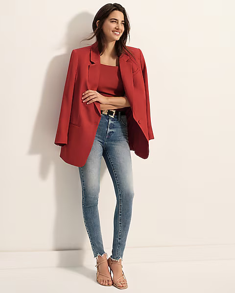 High Waisted Medium Wash Raw Hem FlexX Skinny Jeans | Express