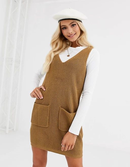 Pieces knitted pinafore mini dress in camel | ASOS US