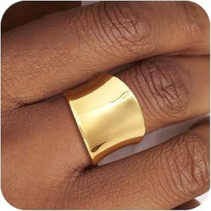 Dainty 14k Gold Plated Wide Band Ring for Women Non Tarnish - Trendy Statement Chunky Thumb Ring ... | Amazon (US)