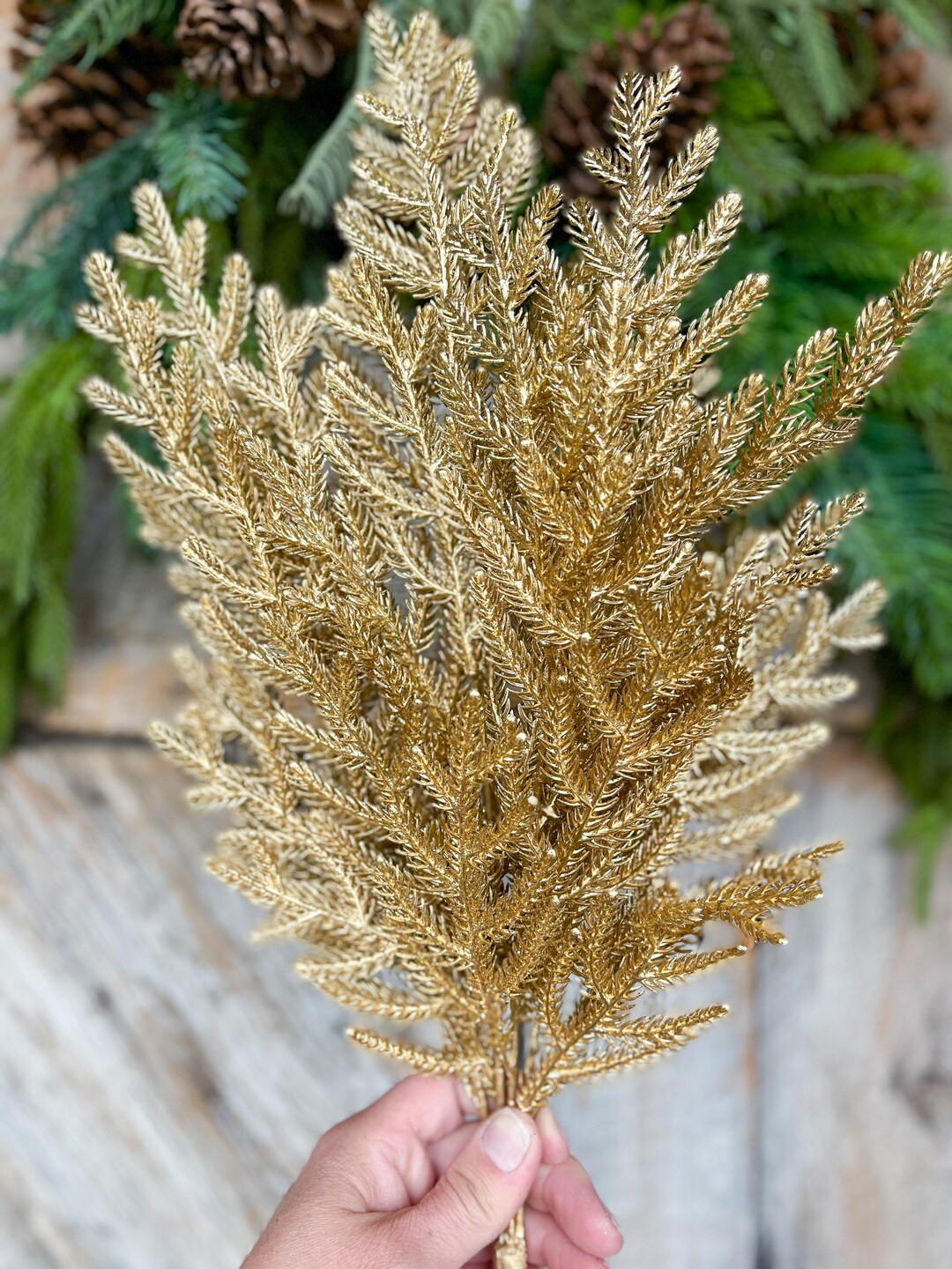 21" Gold Norfolk Pine Spray, Gold Christmas Spray, Christmas Tree Topper Spray, Gold Spray, Pine ... | Etsy (US)