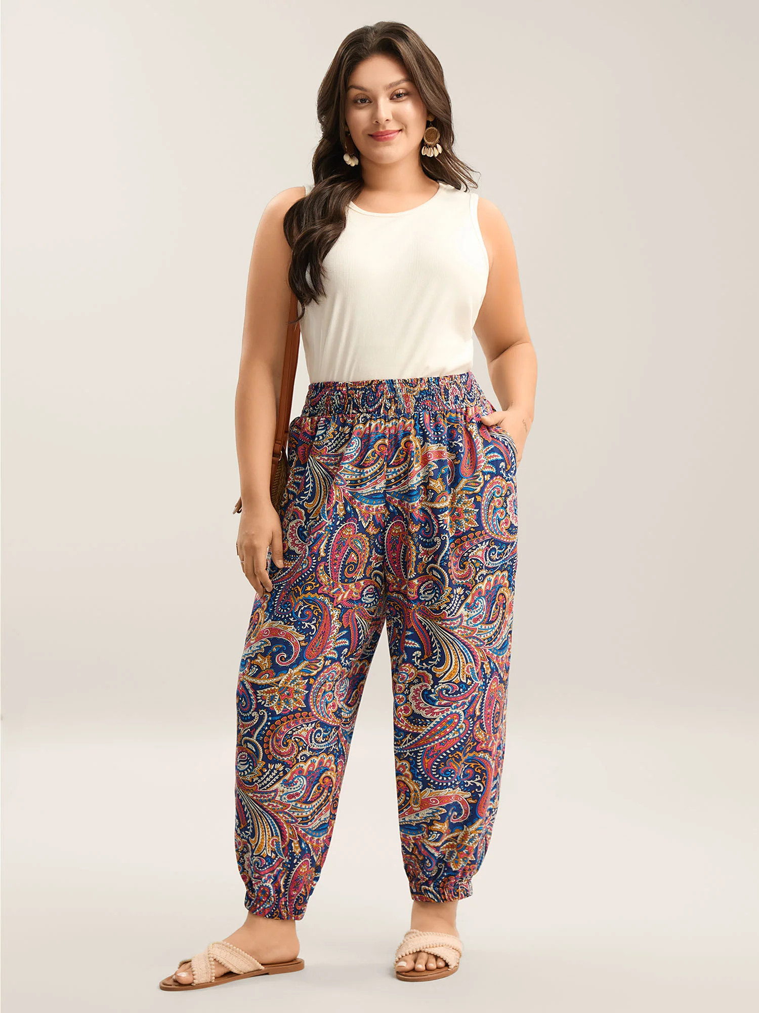 Paisley Print Shirred Waist Jogger Pants | Bloomchic