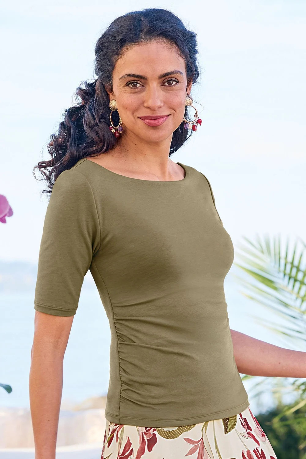 Ruched Knit Boatneck Elbow Slv Top | Soft Surroundings