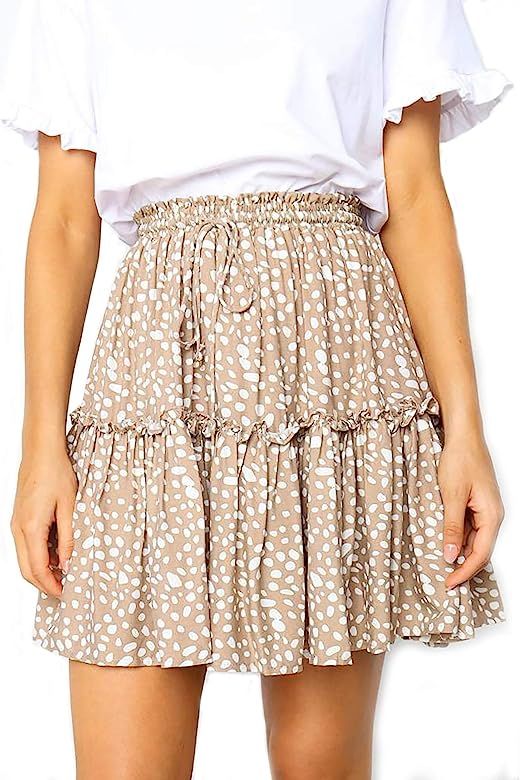 Women's Flared Short Skirt Polka Dot Pleated Mini Skater Skirt with Drawstring | Amazon (US)