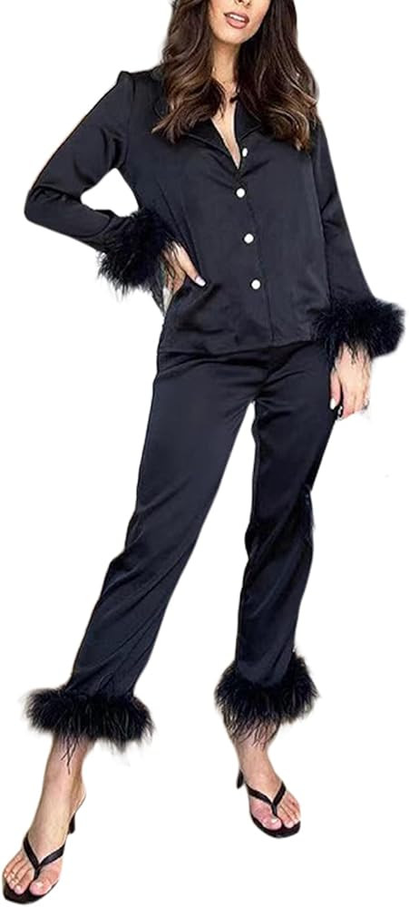 Women Satin Feather Sleeve Pajamas Set Button Down Long Sleeve Sleepwear Silk Shorts 2Pcs Nightwe... | Amazon (US)