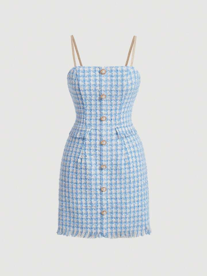 SHEIN MOD Plaid Pattern Raw Hem Button Front Cami Dress | SHEIN