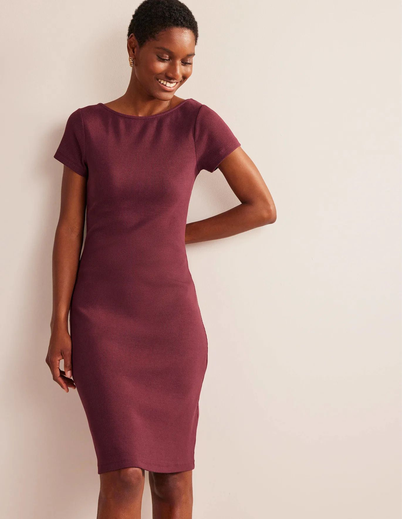 Low-Back Rib Jersey Mini Dress - Dark Burgundy | Boden (US)