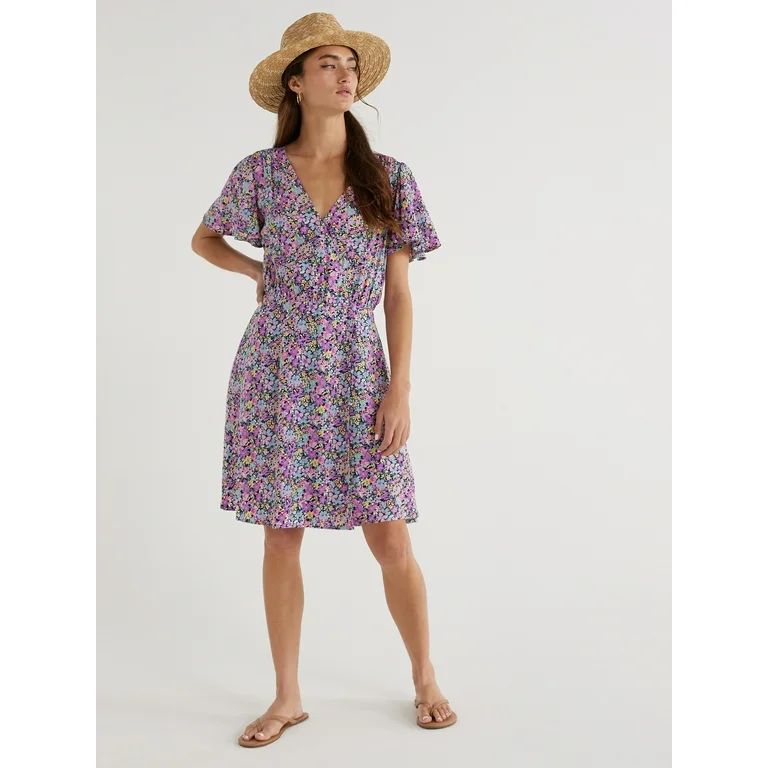 Time and Tru Women's Flutter Sleeve Faux Wrap Dress, Sizes XS-XXXL | Walmart (US)