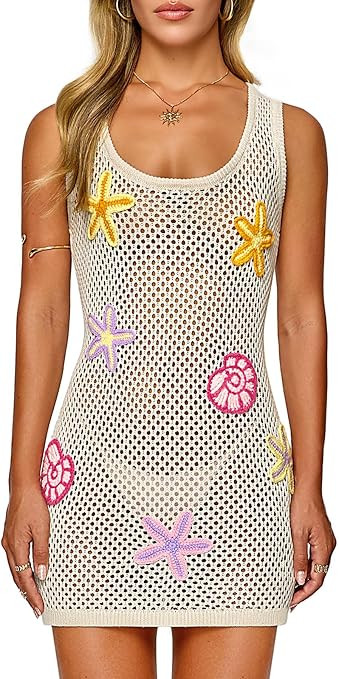FAIRY SEASON Women's Crochet Beach Cover Up with 3D Starfish & Shells, Sleeveless Mini Dress for ... | Amazon (US)