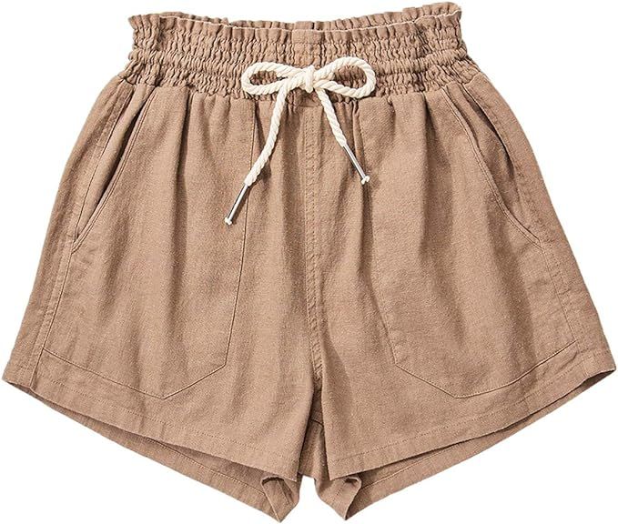 URBAN DAIZY Women's Linen Shorts - Casual Elastic Waist Rope Drawstring with Pockets Pull On Summ... | Amazon (US)