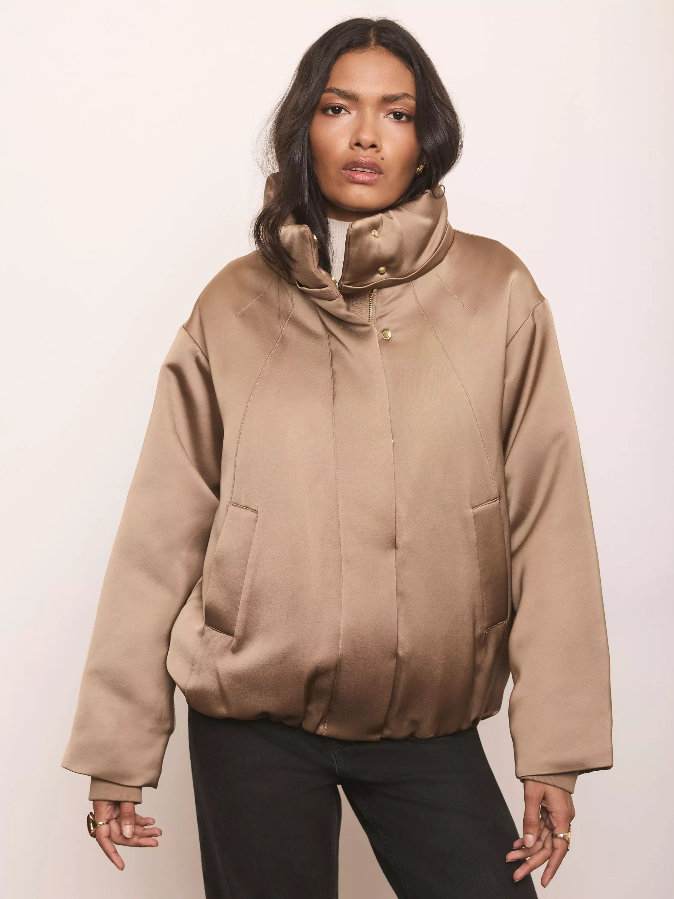 Mint Velvet Funnel Neck Satin Bomber Jacket, Gold | John Lewis (UK)