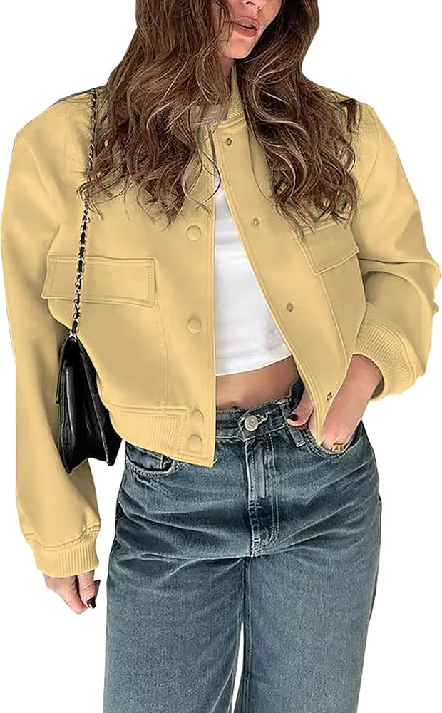 Womens Cropped Bomber Jacket Button Down Varsity Jackets Shackets with Pockets | Amazon (US)