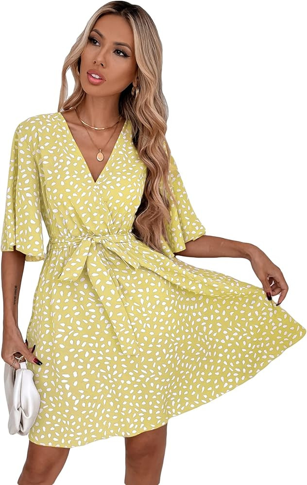 Romwe Women's Short Sleeve V Neck All Over Print High Waist A Line Summer Short Dress | Amazon (US)