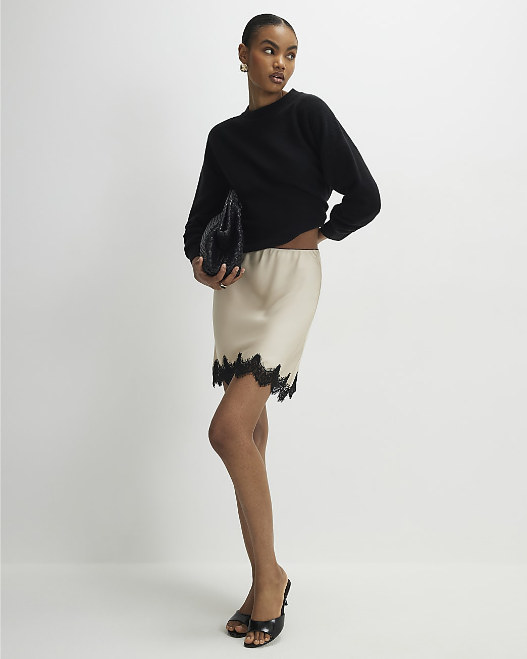 Cream Lace Trim Satin Mini Skirt | River Island UK & IE
