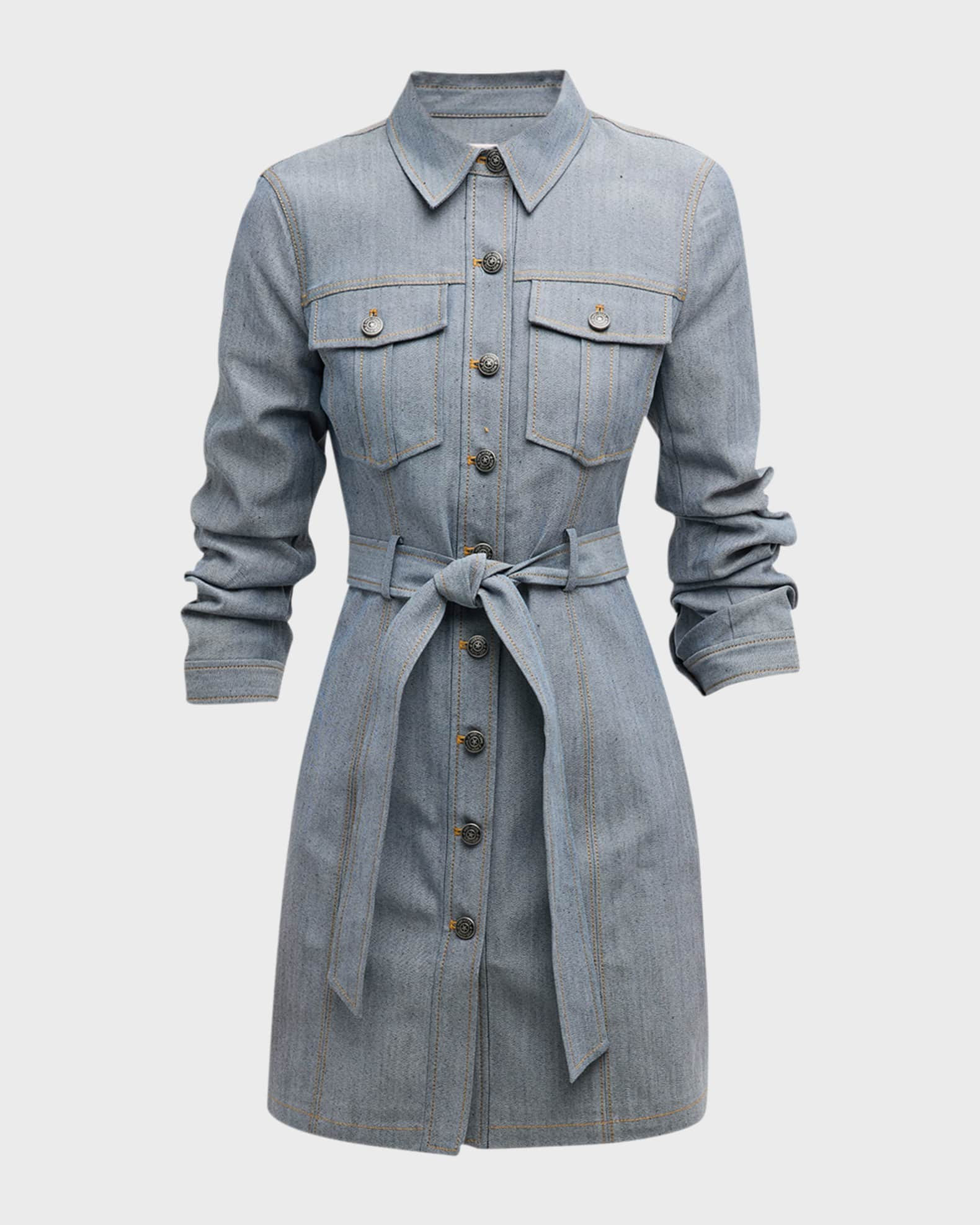 Clea Belted Scrunched-Sleeve Denim Mini Dress | Neiman Marcus