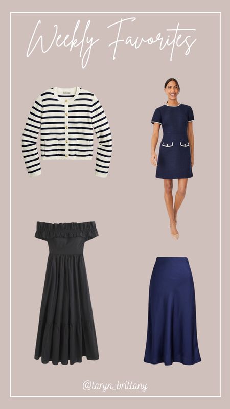 Weekly Favorites/Best Sellers💙

Striped cardigan 
Tweed mini dress 
Ruffle off the shoulder midi dress 
Slip skirt 

#LTKWedding #LTKSaleAlert #LTKSeasonal