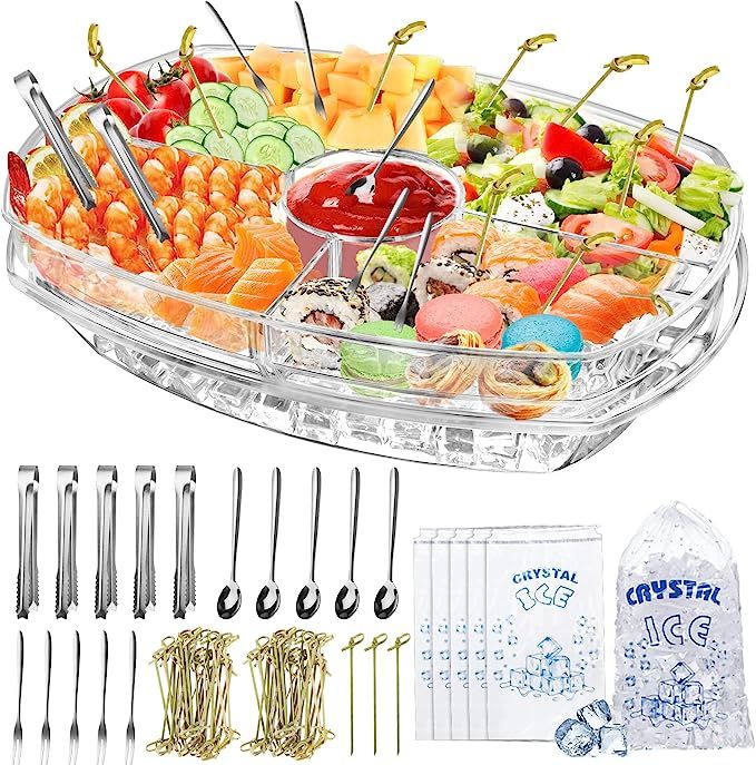 Chilled Serving Tray, 15" Clear Plastic Party Platter with 4 Compartments, Ice Serving Bowl with ... | Amazon (US)