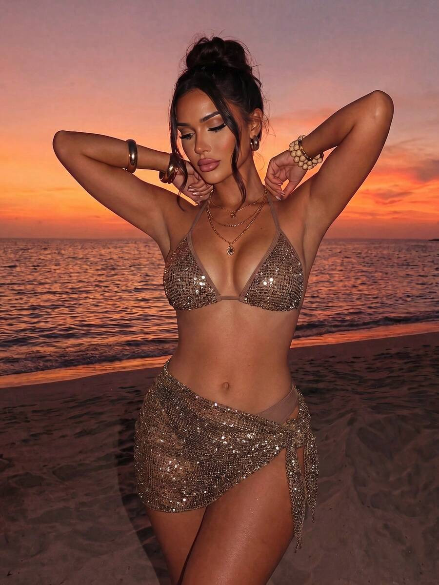 Swim SXY Women's 3-Piece Sequin Bikini Set With Cover Up,Glitter Net Fabric Swimwear For Summer,C... | SHEIN