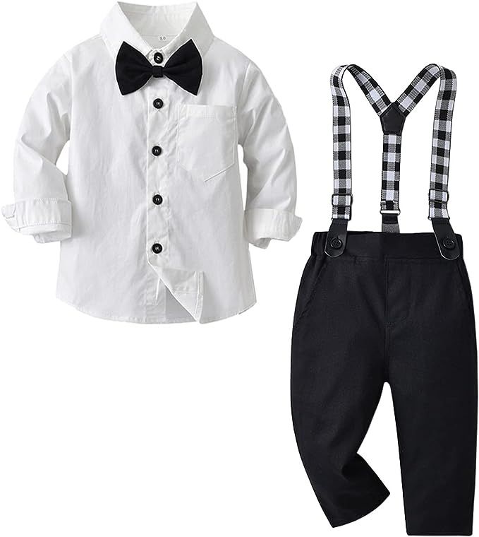 ARTMINE Baby Boy's Formal Sets Gentleman Outfits Long Sleeve Shirts and Suspender Pants With Bow ... | Amazon (US)