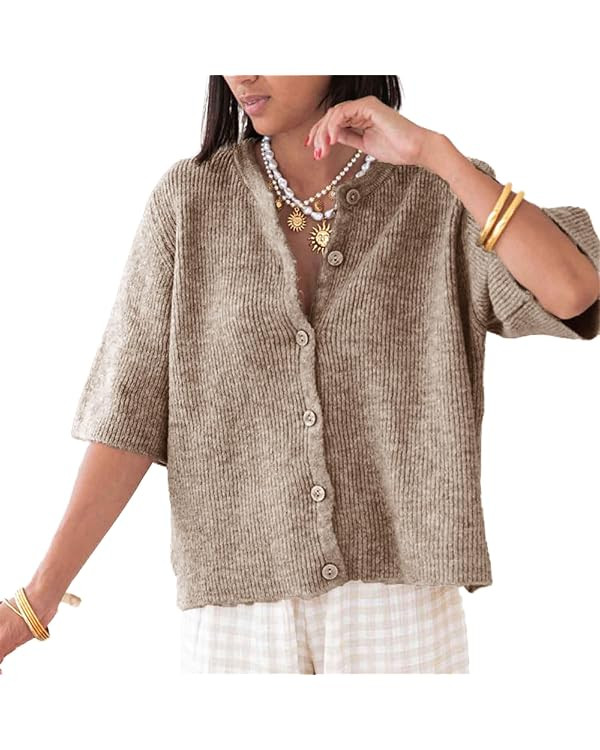 Women's Lightweight Button Up Knit Cardigan Short Sleeve Round Neck Solid Color Y2k Sweater Knitw... | Amazon (US)