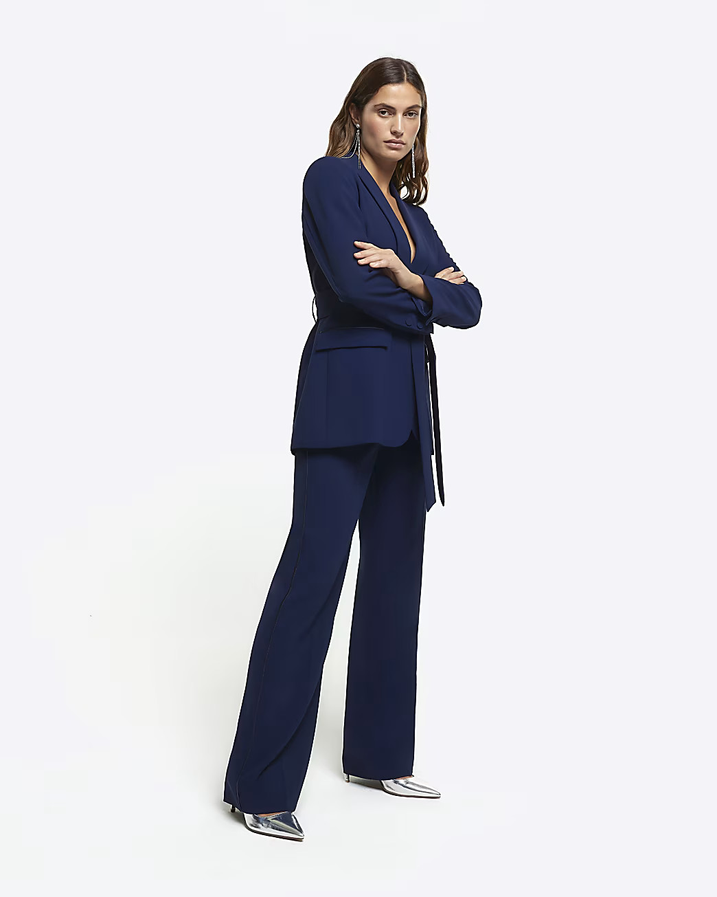Navy RI Studio tuxedo wide leg trousers | River Island (UK & IE)