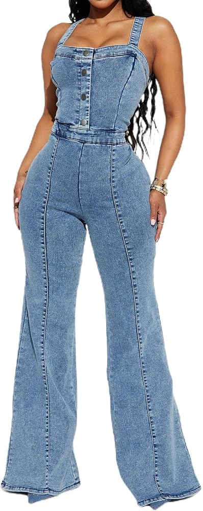cffvdiz Women's Sexy Denim Jumpsuit Rompers Sleeveless Slim Wide Leg Flared Pants | Amazon (US)