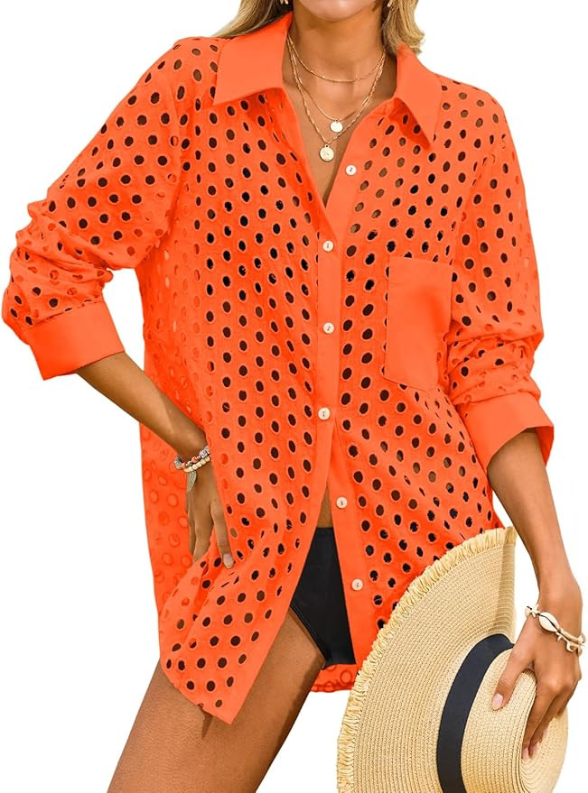 Fisoew Womens Hollow Out Swimsuit Coverup Shirt Button Down Bathing Suit Cover Ups Beachwear | Amazon (US)