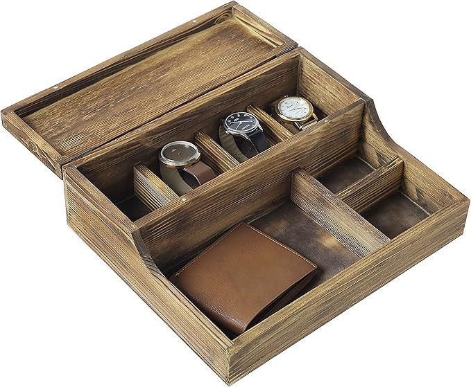 MyGift Rustic Brown Burnt Wood Tabletop Watch Case & Dresser Valet Tray | Amazon (US)