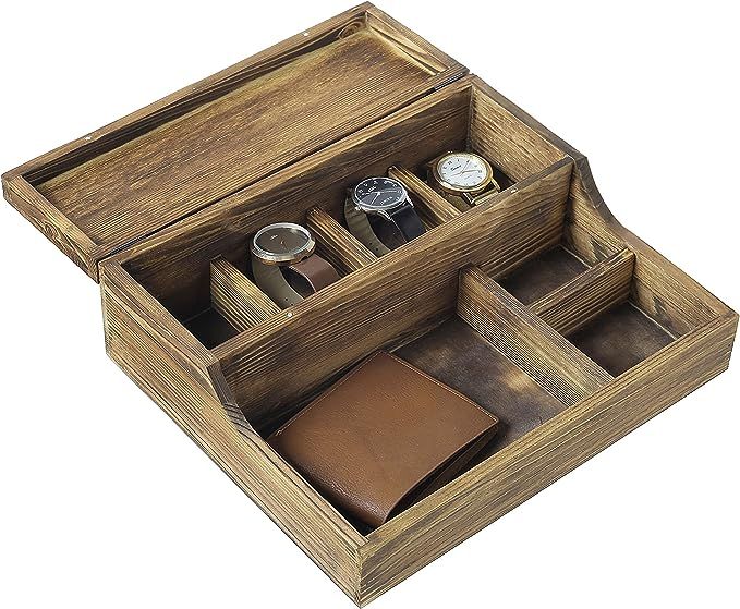 MyGift Rustic Brown Burnt Wood Tabletop Watch Case & Dresser Valet Tray | Amazon (US)